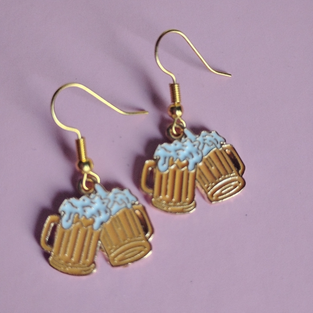 Oktoberfest Beer Mugs German Earrings 18k Gold Plated Nickel Free Hooks